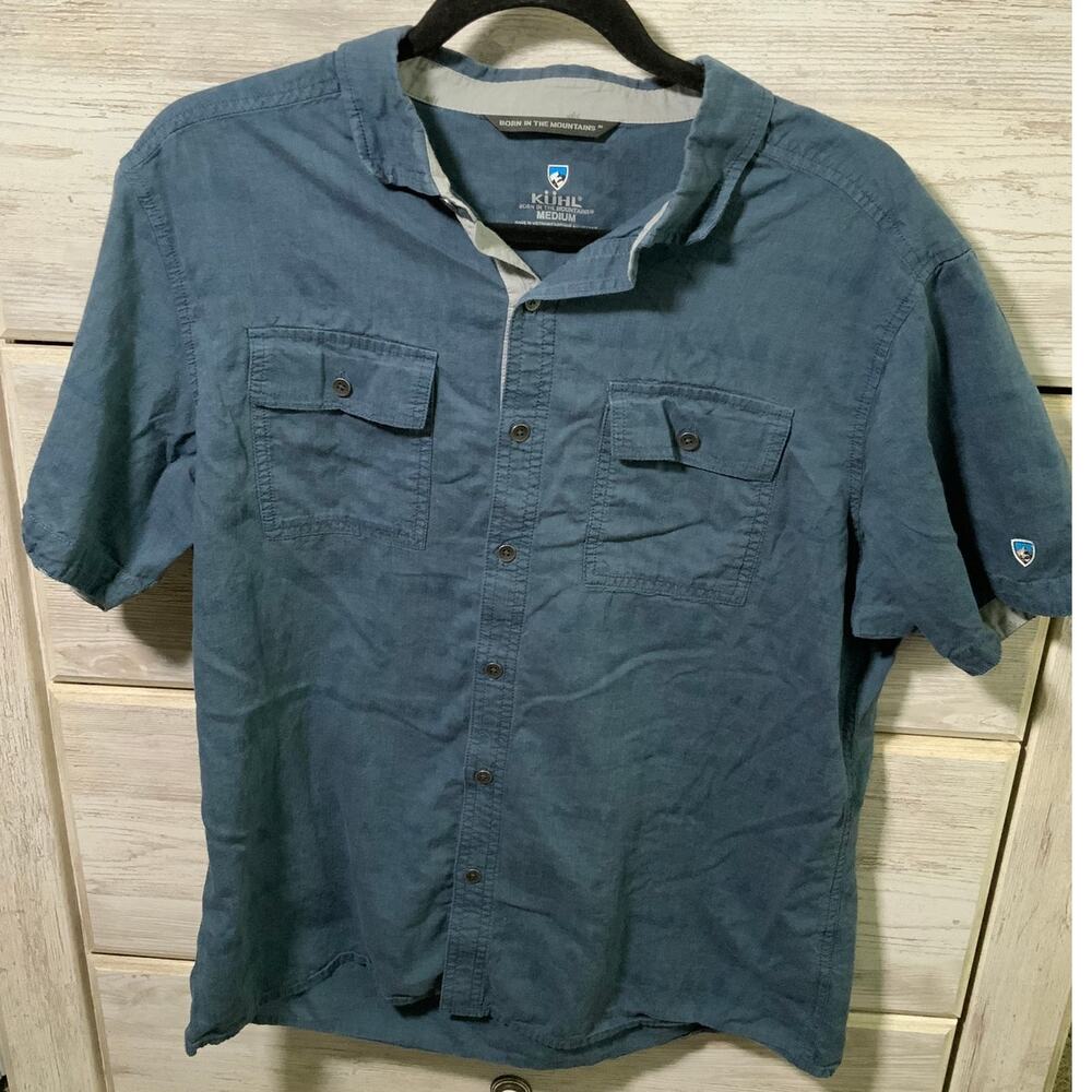 Kuhl Thrive Blue Treeline Print SS Button Down Shirt Men's M